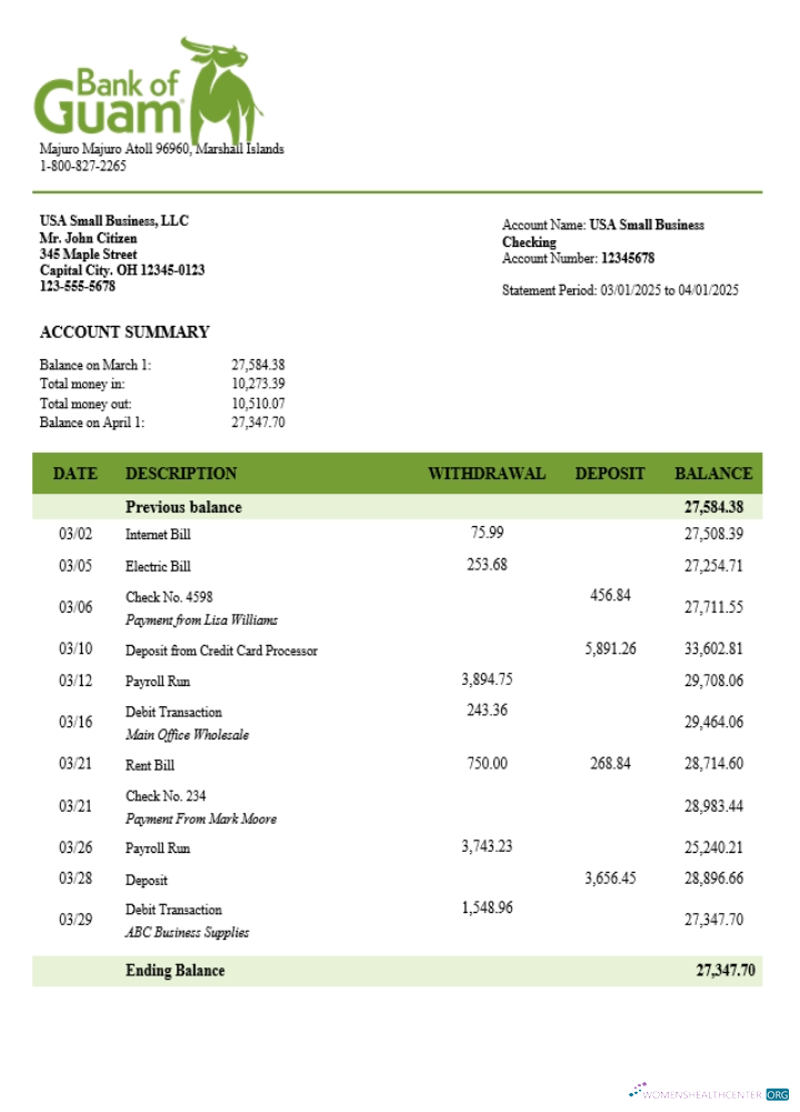 Download Bank of Guamanian business account statement Word and PDF template (1) Photoshop template